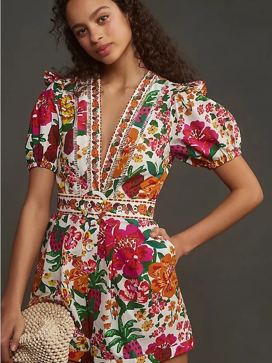 FARM Rio Pants - Farm Rio Flowerful Sketch Romper, Size XL, Summer Strawberry Print